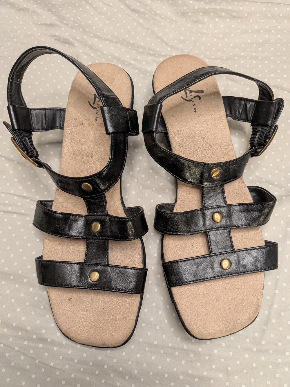 Life Stride Black Strappy T‑Bar Sandals with Gold Studs
